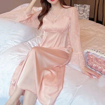 כתונת ארמון בסגנון תחרה הלבשת לילה ארוך חדש Nightdress עבור נשים סקסי תחרה שרוול החלוק Sleepdress חופשי זהורית הביתה ללבוש.