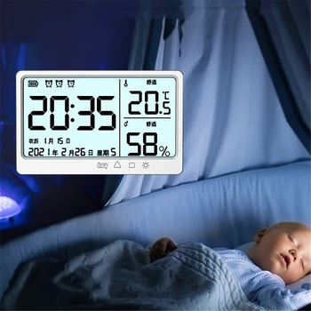 מדחום מקורה טמפרטורה wiht לוח שנה שעון מעורר LCD דיגיטלי לחות מד לחות מטען USB שעון של שולחן