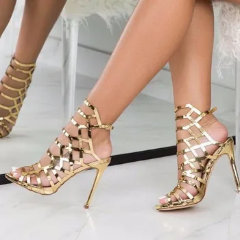 מודרני חלול החוצה עקבים גבוהים נשים ציוץ העליון זהב שמפניה סנדלים לנשים דק עקבים נעלי הרומית בנות Chaussure Femme