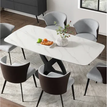 מודרני שולחן האוכל, Sintered אבן שולחן חדר האוכל שולחן עד 8, מוצק פלדה פחמן שחור, בסיס, 71