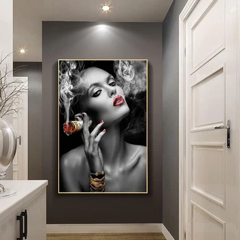מודרני שחור לבן סקסי עישון האישה בד ציור פוסטרים, הדפסה Cuadros אמנות קיר תמונה עבור הסלון קישוט הבית
