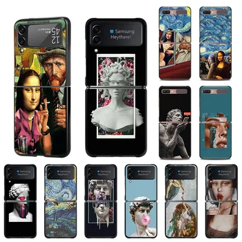 מונה ליסה ואן גוך מצחיק אמנות שחור מט טלפון Case For Samsung Galaxy Z Flip 4 3 Flip4 Flip3 5G Shockproof קשה תיקים כיסוי
