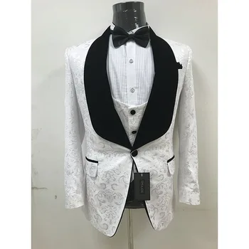 מותאמות אישית שנעשו הצעיף דש לבן דפוס גברים חליפה לחתונה 3Pieces(ז ' קט+מכנסיים+אפוד+עניבה) Masculino De Trajes גבר בלייזר 760