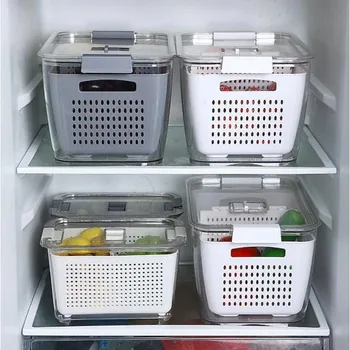 מקרר תיבת אחסון במקרר ירקות טריים פירות קופסאות ניקוז סל מיכלי אחסון עם מכסה כלי מטבח ארגונית