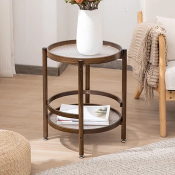 מרפסת ריהוט עגול מעץ ספה זכוכית סוף שולחן קפה סלון קטן, שולחן צד ליד המיטה Mesinha ריהוט עץ XY50ET