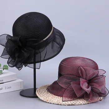 נשים Summesr החדש אורגנזה פרח אופנה הקוריאנית גרסה לנשימה אגן הכובע חיצוני שמשיה תיירות דייג הכובע