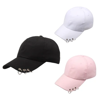 נשים גברים קוריאנים Harajuku כותנה כובע בייסבול עם 3 טבעות מתכת היפ הופ רחוב מוצק צבע מתכוונן Snapback אבא הכובע