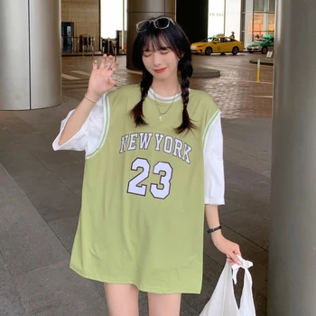נשים חולצות גג רופף מתוק מכתבים מזויף שני חלקים כדורסל אחידה חולצת טי הנשי קוריאני Harajuku בגדי נשים