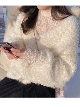 נשים יומיומי שרוול ארוך דק בסיסי מקסימום צרפתי אלגנטי צווארון החולצה קוריאני אופנה תחרה חולצות Y2k ביגוד החורף