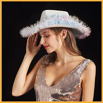 נשים כובע בוקרים רך רחב שוליים פרל הברק טלאים בוקרת כובע המערבי הכובע על מועדון למסיבה