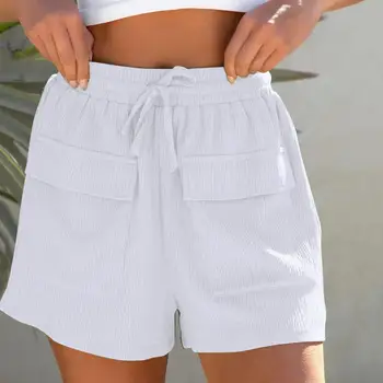 נשים מזדמנים מכנסיים קצרים לנשימה אלסטי המותניים שרוך בצבע מלא כיסים Womenswear חופשי בנות בקיץ מכנסיים קצרים מכנסיים