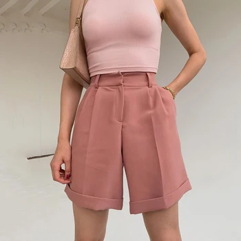 נשים מכנסיים Flanging עם כיסים רוכסן, כפתורים, צבע מוצק אופנה מזדמן נשים מכנסיים קצרים, אופנה ירי ברחוב 2021