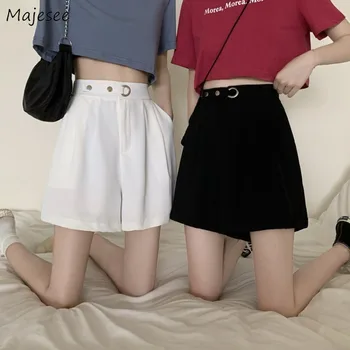 נשים מכנסיים קצרים כיסים מוצק רופף פנאי אופנתי פופולרי בקיץ בשני צבעים בסגנון קוריאני יומי כל משחק משרד ליידי גבוהה המותניים