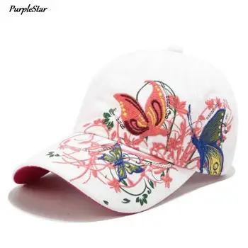 נשים נצנצים רקמה פרפרים פרחים מתכוונן כובעי שמש כובעי Snapback כובעי כותנה כובע בייסבול בנות Sunhats