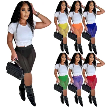 נשים צבע טהור רשת גבוהה המותניים, מכנסיים Slim לראות דרך חותלות רזה סקסית אופנת רחוב, מזדמנים קיץ המועדון לובש מכנסיים קצרים מכנסיים