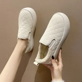 נשים שטוח נעליים 2022 בחורף ראש עגול נעלי נשים להחליק על אופנה מגפי שלג נשים נוחה קטיפה חם, נעלי פלטפורמה