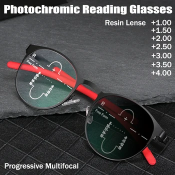 סביב מסגרת שרף העדשות Photochromic משקפי קריאה גברים Progressive Multifocal חיצונית זוקן ראייה למשקפיים אנטי-ריי כחול +2.5