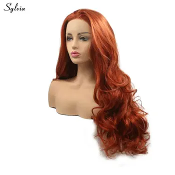 סילביה רופף גל ארוך שיער נחושת אדום/כתום כהה פאה סינטטי עמיד בפני חום הקדמי של תחרה פאות עבור נשים בנות קו השיער הטבעי