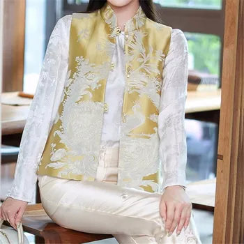 סיני אתני אפוד נשים טאנג חליפת העליון משוחרר בציר מזדמן נקבה סין בגדים הז 'קט ללא שרוולים ז' קט ורוד צהוב 2023