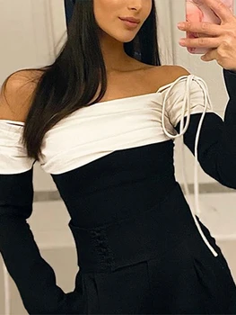 עונות לבן מחוץ כתף שרוול ארוך חולצות נשים אלגנטי בציר סתיו התחבושת ללא משענת מסיבה סקסית גזורה T2K ASTS85667