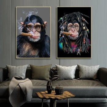 עישון סיגרים שימפנזה בד ציור עם מסגרת קוף גורילה גנגסטר פוסטר להדפיס אמנות קיר התמונה בסלון עיצוב