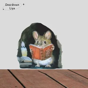 עכבר מצויר קריאה מדבקת קיר לחדר ילדים בבית קישוט קיר הסלון, חדר השינה טפט נשלף מצחיק חולדות מדבקות