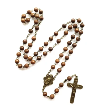 על הצלב ישוע שרשרת תליון לגברים אישה עץ חרוזים מגולפים זמן תפילה קתולי שרשראות זכר תכשיטים