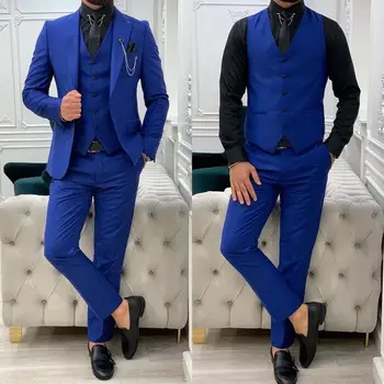 עסקים Slim Fit כחול רויאל חליפות גברים שיא דש רשמית טוקסידו Terno Masculino חתן חתונה נשף בלייזר בהתאמה אישית 3 חלקים