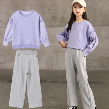 פעוטות בנות האביב, סתיו ארוך שרוול סגול מוצק צבע הדפסות חולצות ספורט מכנסיים 2PCS ילדה קטנה גזורה תלבושות