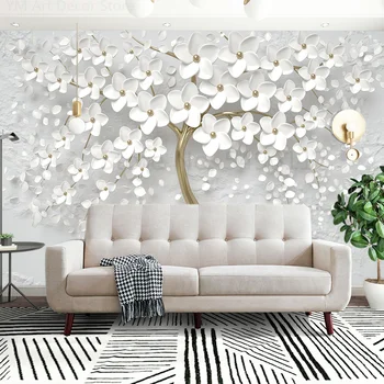 פרחים לבנים זהב טפט עץ על קישוט חדר השינה גודל מותאם אישית ציור הקיר נוצה המדבקה לא ארוגים מדבקות אמנות מודרנית הביתה