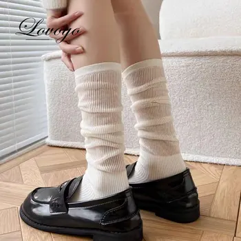 צבע מוצק נשים גרביים בקיץ דק שקוף בנות בית הספר רופף גרביים ארוכות חלול החוצה רשת לנשימה שחור לבן גרביים
