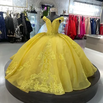 צהוב הנסיכה הטקס שמלות 2023 את כתף תחרה, אפליקציות תחרה למעלה מחוך לנשף 16 רשמית vestido de 15 anos