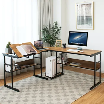 צורת L שולחן מחשב ציור שולחן העבודה עם שכיבה השולחן העליון