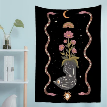 צמח פרח טארוט שטיח קיר הר אסטרולוגיה, כישוף אלת השמש הירח עיצוב הבית רקע בד