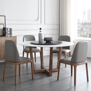 צפון אירופה מעץ מלא רגליים השיש שולחן יוקרה סיבוב המשטח המסתובב מודרני פשוט עגול שולחן אוכל כסא שילוב