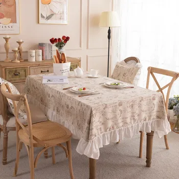 צרפתי פוליאסטר מודפסת מפת שולחן עם פרע kirt שולי צמח פרח תה קישוט שולחן מלבן שולחן האוכל בד לכסות