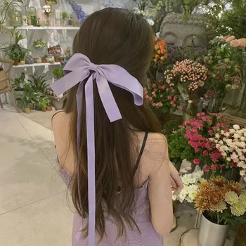 קוריאה אופנה חדשה מזג זמן סרט קשת אביב קליפ עבור בחורה עדינה סגול סאטן Bowknot ורצוף נשים אביזרי שיער