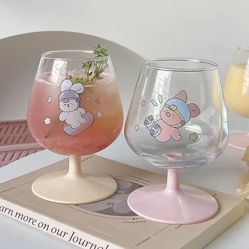 קוריאני תוספות הרוח חמוד זכוכית מצוירת הארנב הדפסה אדום יין כוסות Kawaii ארוחת בוקר כוס חלב כוס מיץ כוס