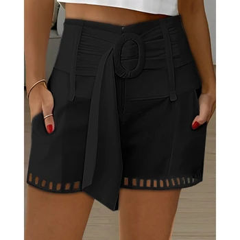 קיץ נשים 2023 מזדמן חגור כיס עיצוב שחור מכנסיים קצרים כיס עיצוב מוצק צבע Skorts אישה בגדי קיץ חם המכנסיים