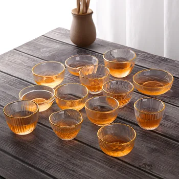 קריסטל זכוכית כוס תה שקוף הזהב שפת קערה קטנה עמיד בטמפרטורות גבוהות drinkware הסיני קונג פו תה סט אביזרים