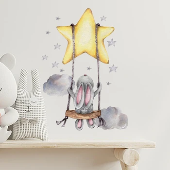 קריקטורה באני מדבקות קיר ארנב להתנדנד על הכוכבים DIY מדבקות קיר לילדים משתלה התינוק בחדר בבית-PVC, ניתן להסרה מדבקות