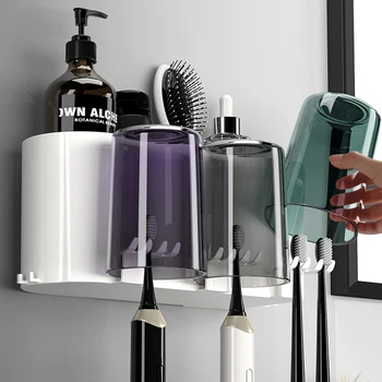 רב תכליתיים על הקיר מחזיק מברשת שיניים עם כוסות משחת שיניים Dispenser אחסון מתלה כלים סט אביזרי אמבטיה