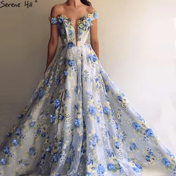 רומנטי פרחים כחולים חדשים מעצב שמלות ערב 2023 מחוץ כתף אופנה סקסית החוף Fromal שמלות ערב LA6660