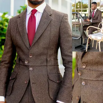 רטרו בסגנון חליפות גברים אדרה טוויד אחת עם חזה ז 'קט+מכנסיים עסקים בריטי רשמי מסיבת חליפות 2 יח'