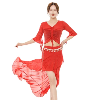 ריקודי בטן החליפה V-צוואר רשת העליון חצי שרוול פאייטים חצאית אימון בגדים להגדיר מבוגרים נשים אלגנטי ביצועים בגדים